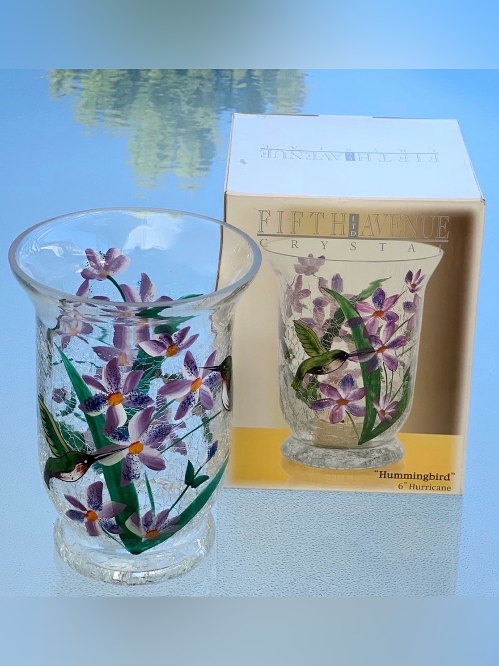 Fifth Avenue Crystal Hummingbird Crackle Glass 6” Hurricane Candle Holder